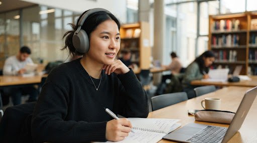 Listening Practice - Student wearing headphones in library