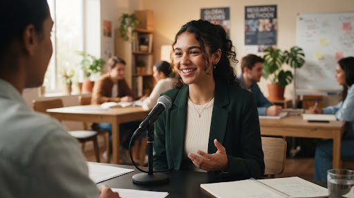 Speaking Confidence - Student in oral interview speaking with microphone
