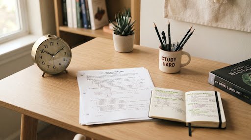Time Management - Exam papers and vintage timer clock
